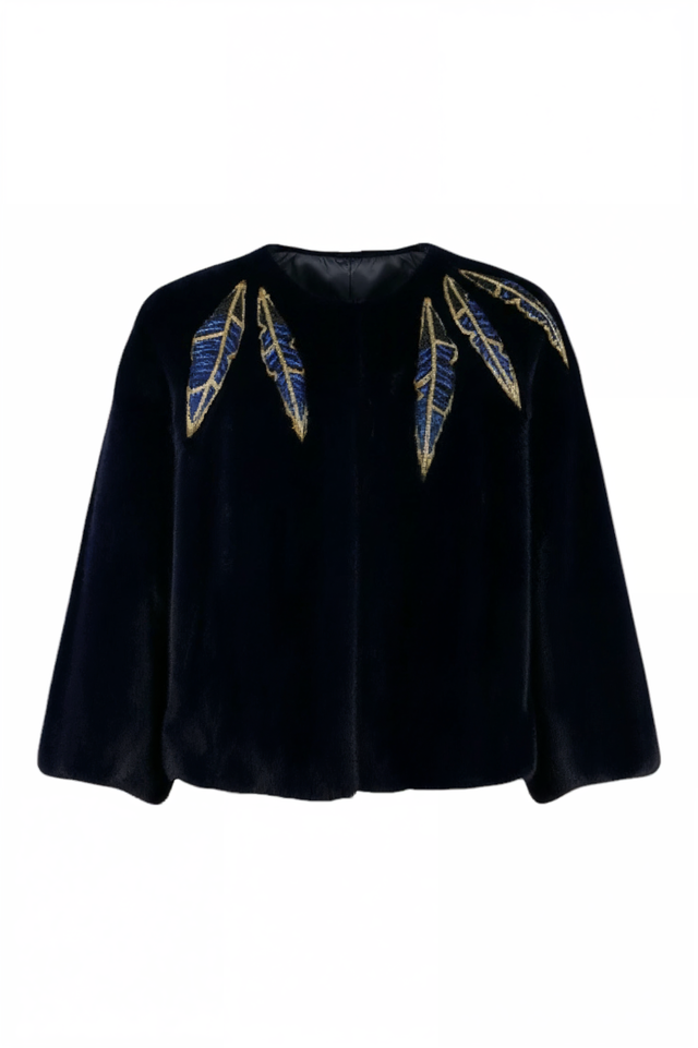 Valentino Navy Mink Jacket with Embroidered Feathers