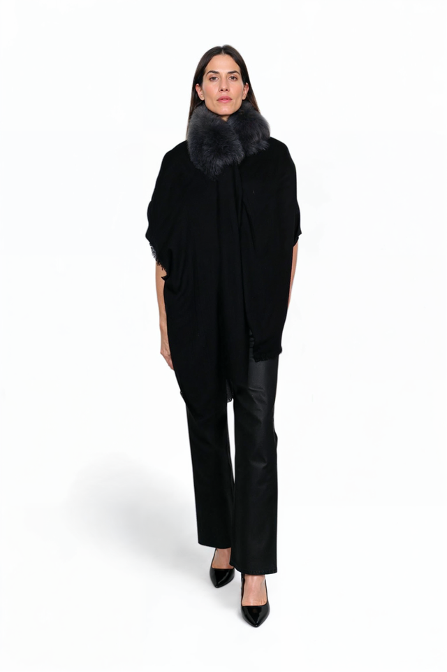 Valentino Garavani Fox Fur Collar Wool Shawl — Black, Brown, Blush