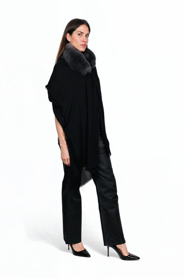 Valentino Garavani Fox Fur Collar Wool Shawl — Black, Brown, Blush