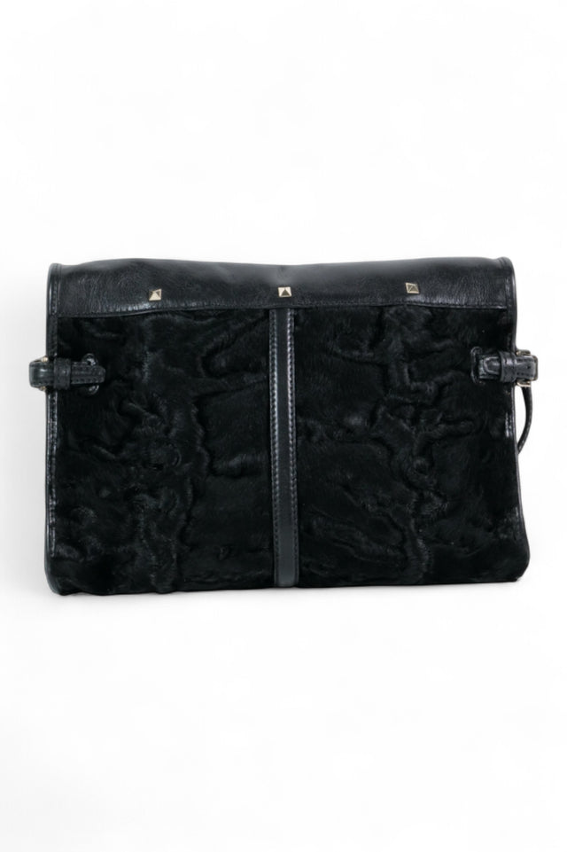 Valentino Garavani Chic Black Fur & Leather Clutch with Zipper Details