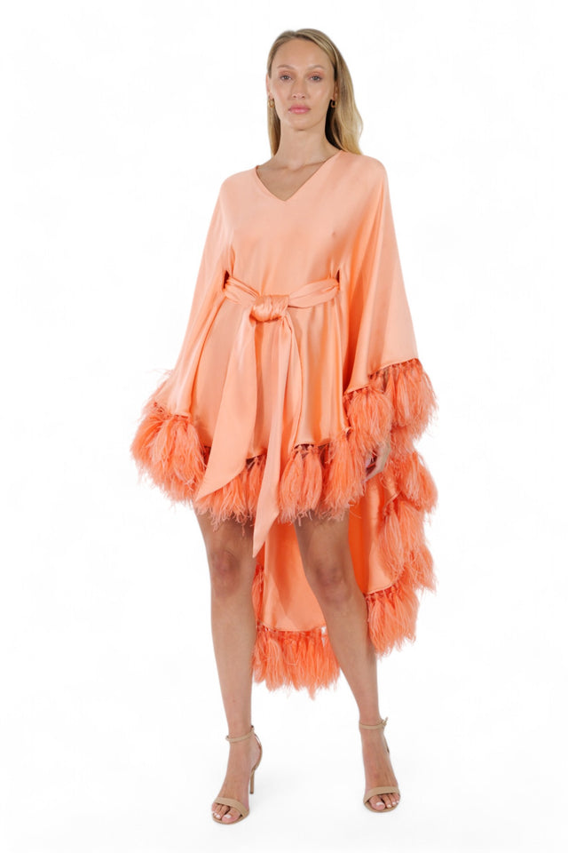 Valentino Peach Feather-Trimmed Kaftan Dress