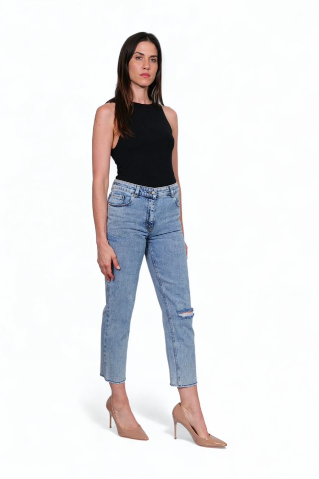 Fabiana Filippi High-Rise Light Wash Denim Jeans with Distressed Knee