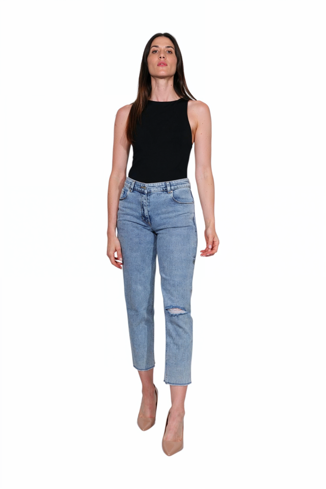 Fabiana Filippi High-Rise Light Wash Denim Jeans with Distressed Knee