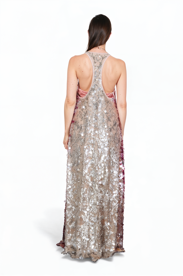 Valentino Layered Sequin Slip Gown with Satin Halter Bodice