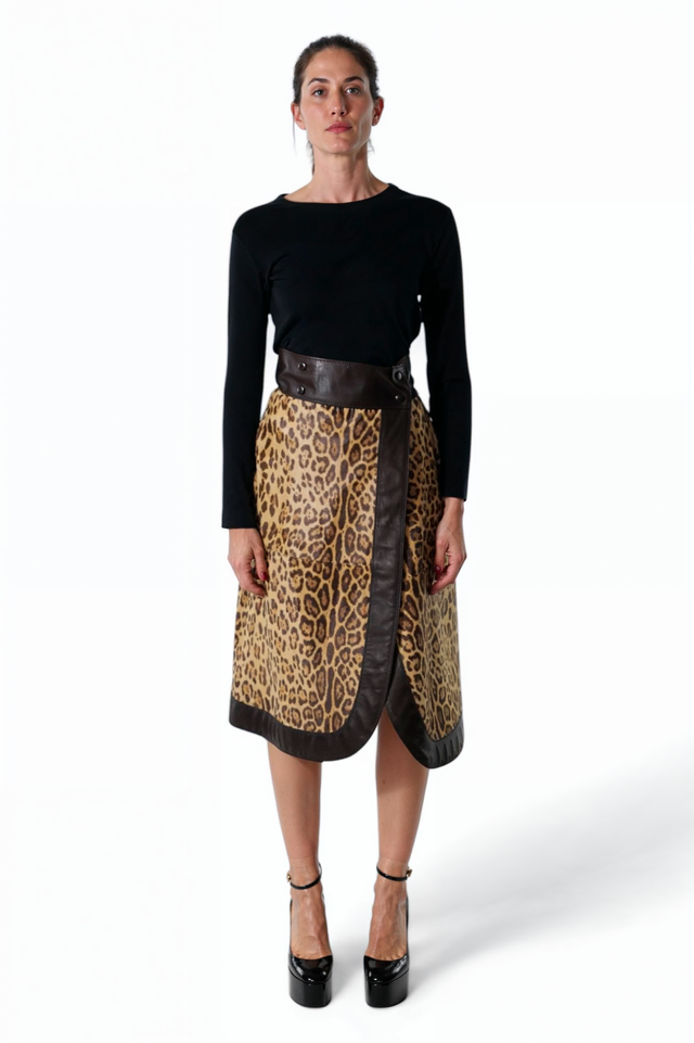 Valentino Leopard Print Wrap Skirt with Leather Accents