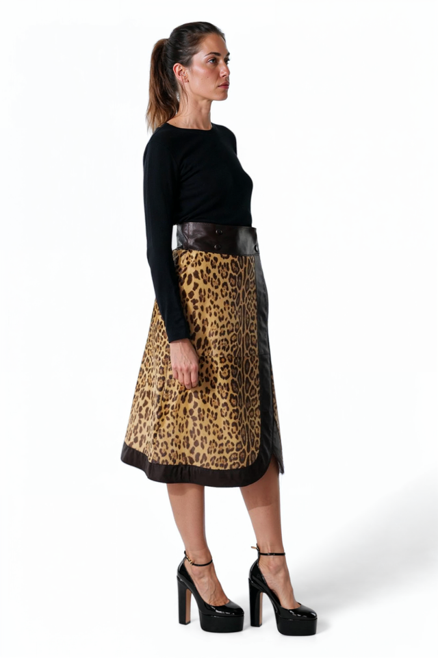 Valentino Leopard Print Wrap Skirt with Leather Accents