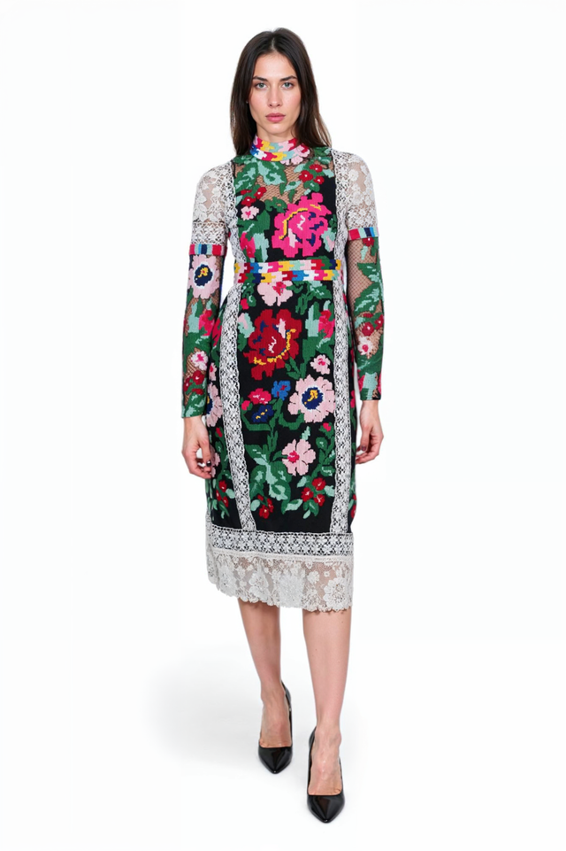 Valentino Floral Tapestry Midi Dress with Lace Panels