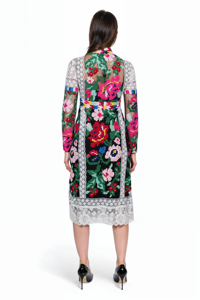 Valentino Floral Tapestry Midi Dress with Lace Panels