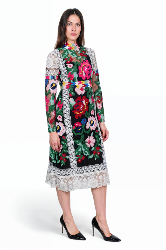 Valentino Floral Tapestry Midi Dress with Lace Panels