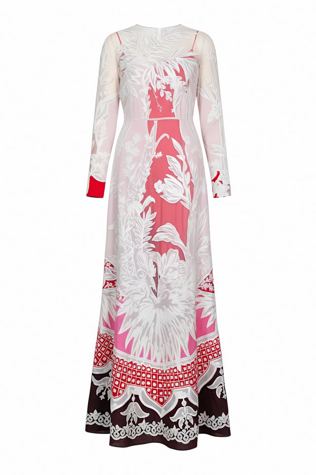 Valentino Long-Sleeve Sheer Floral Embroidered Maxi Dress