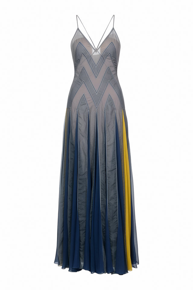 Valentino Chevron-Patterned Gown in Blue and Green