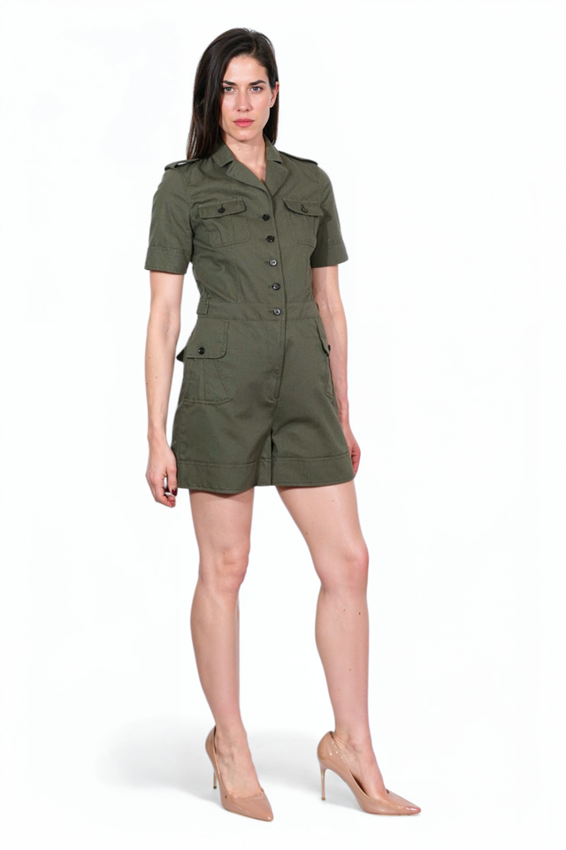 Valentino Army Green Cotton Utility Romper