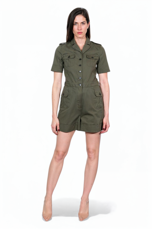 Valentino Army Green Cotton Utility Romper