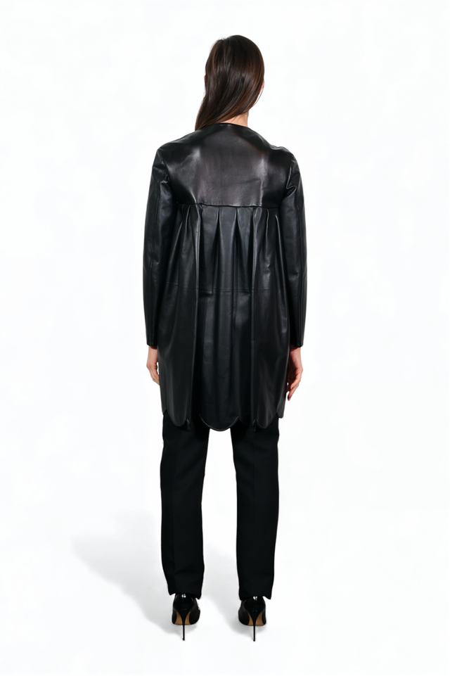 Black Pleated Leather Coat with Scalloped Hem