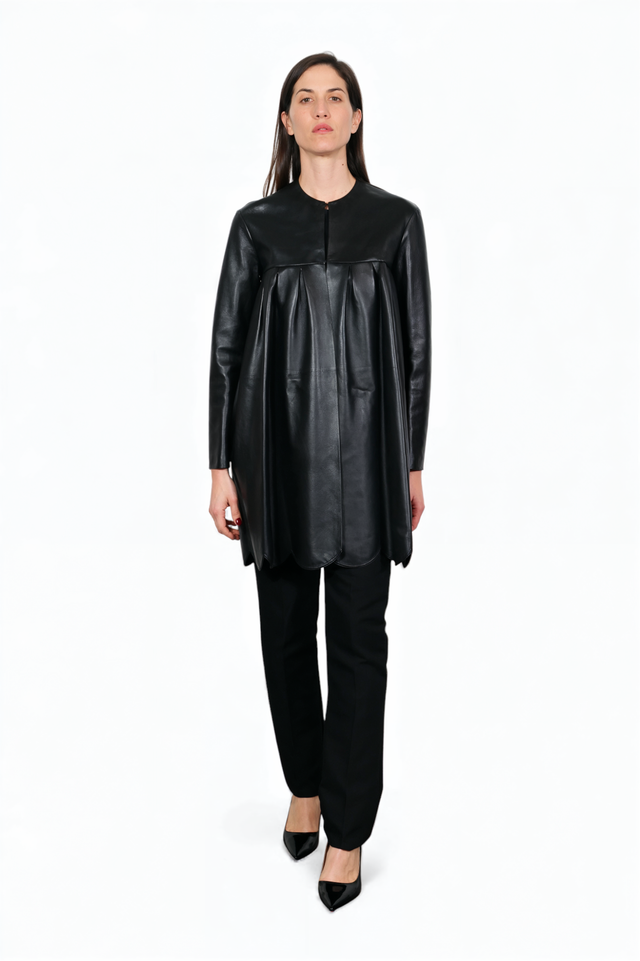 Black Pleated Leather Coat with Scalloped Hem