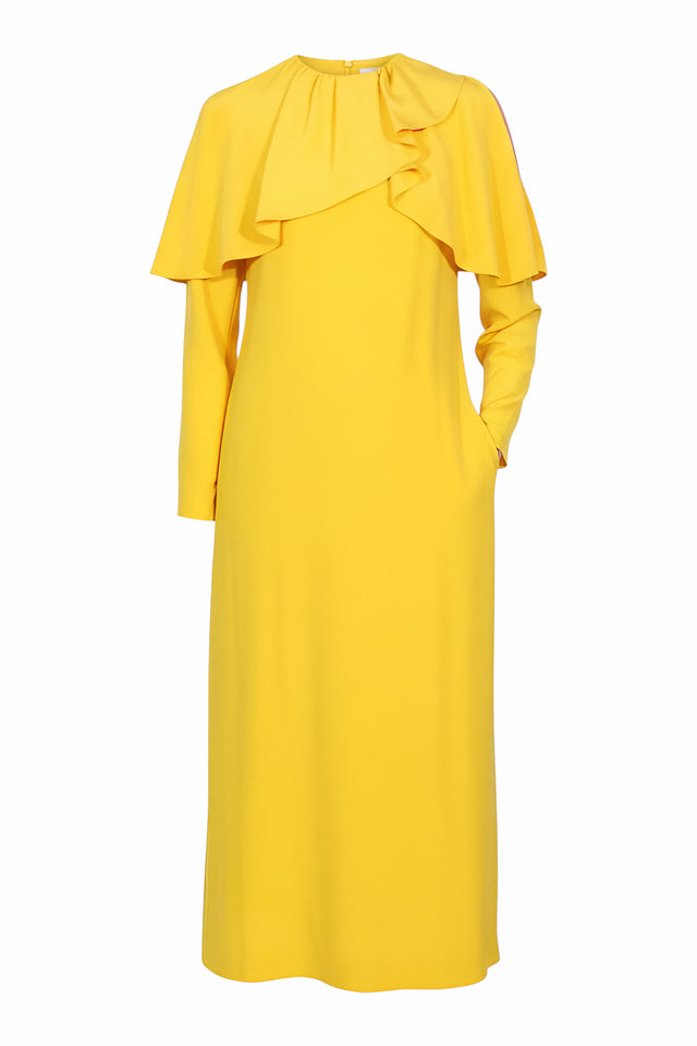 Valentino Draped Ruffle Detail Long Sleeve Dress in Sunflower Yellow
