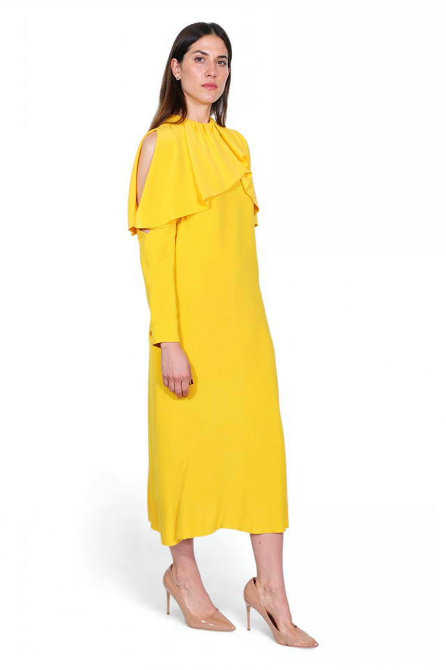 Valentino Draped Ruffle Detail Long Sleeve Dress in Sunflower Yellow