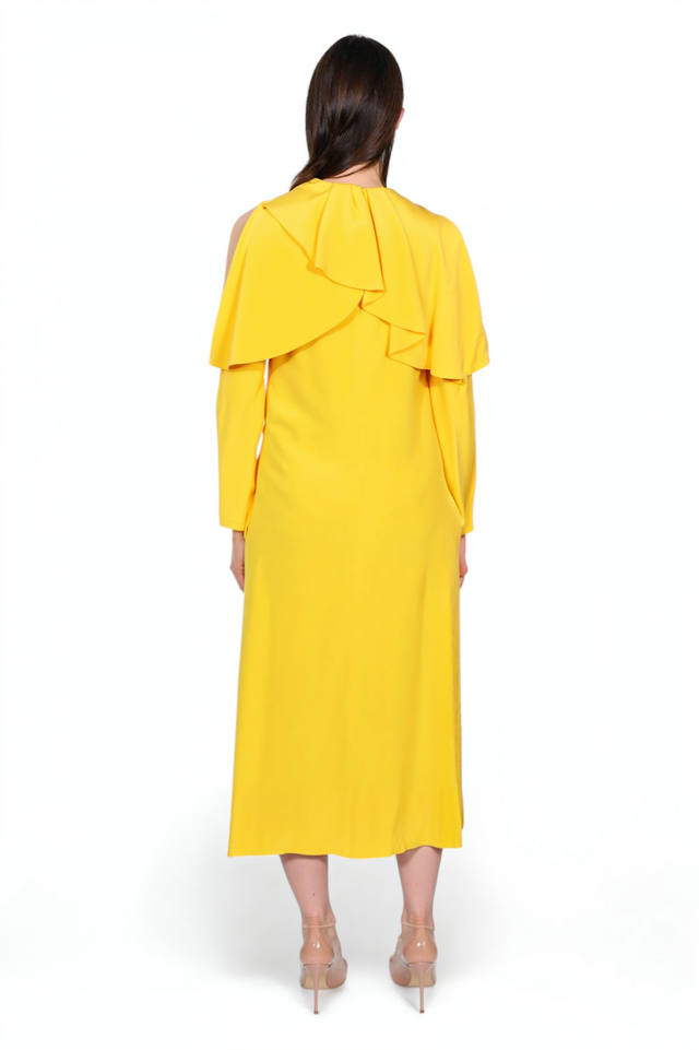 Valentino Draped Ruffle Detail Long Sleeve Dress in Sunflower Yellow