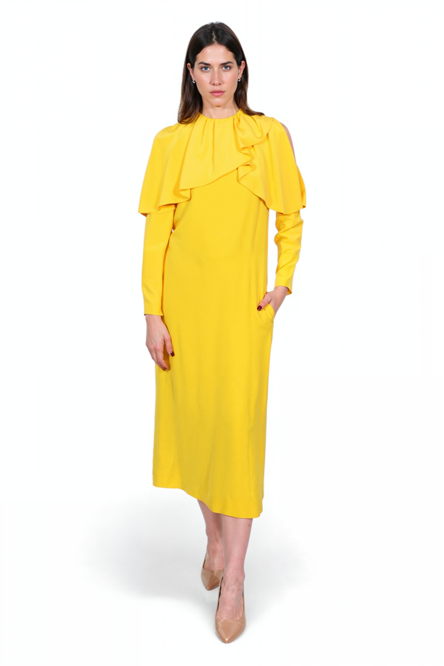 Valentino Draped Ruffle Detail Long Sleeve Dress in Sunflower Yellow
