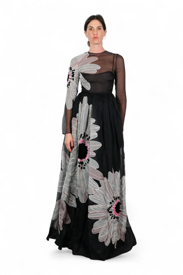 Valentino Sheer Floral Appliqué Gown — Black & Petal Pink
