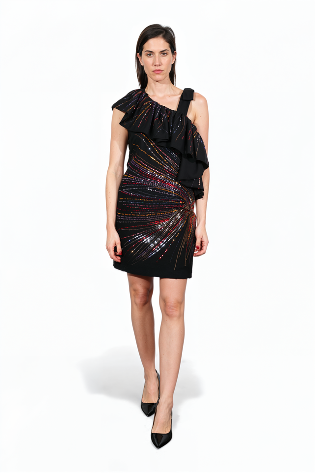 Valentino One-Shoulder Ruffle Mini Dress with Multicolor Crystal Embellishment