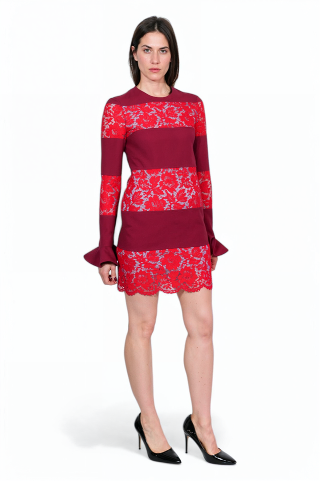 Valentino Lace & Crepe Striped Mini Dress