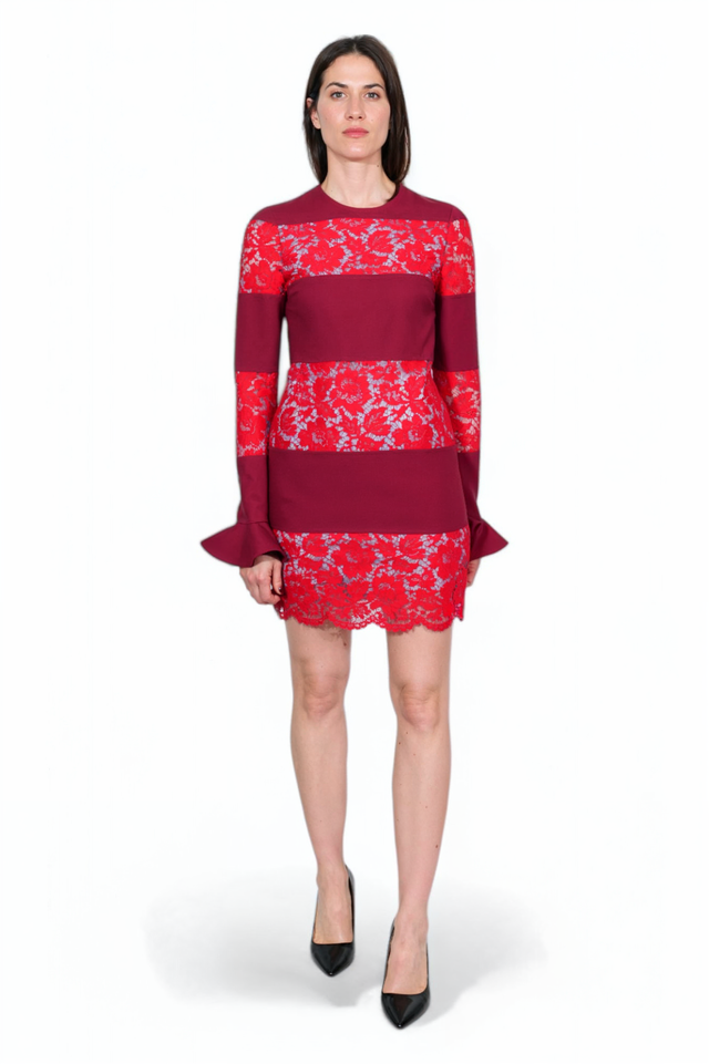 Valentino Lace & Crepe Striped Mini Dress