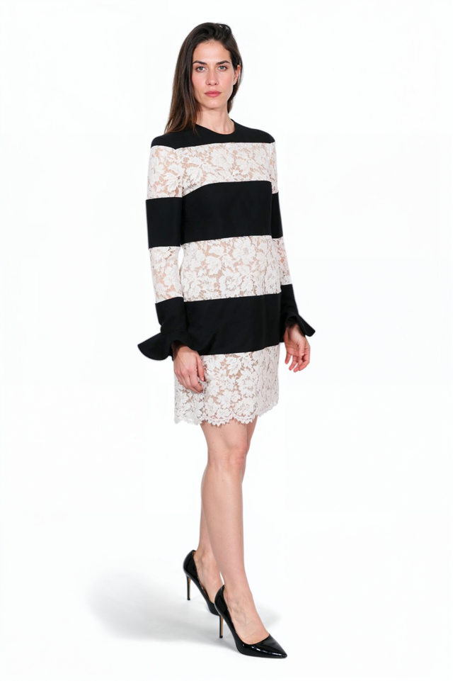 Valentino Lace & Crepe Striped Mini Dress
