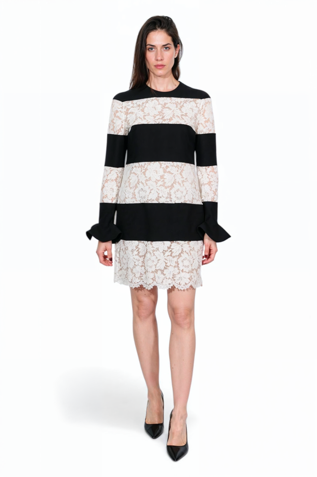 Valentino Lace & Crepe Striped Mini Dress