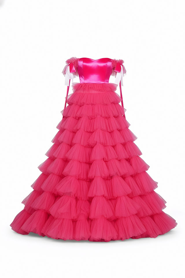 Valentino Off-Shoulder Tiered Tulle Ball Gown in Fuchsia