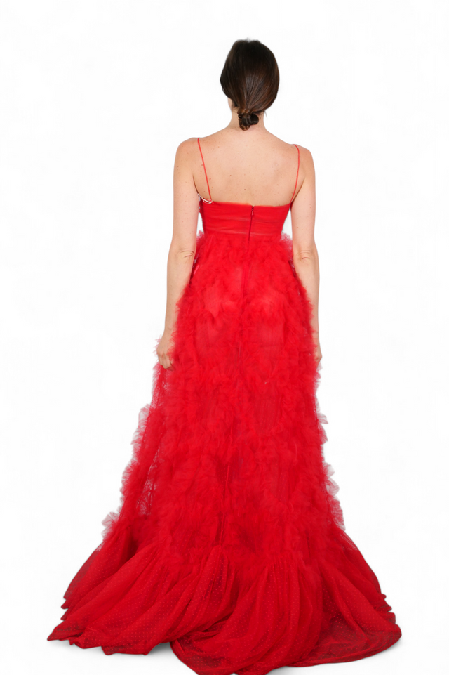 Valentino Strapless Red Tulle Gown — Cutout Bodice & Layered Skirt