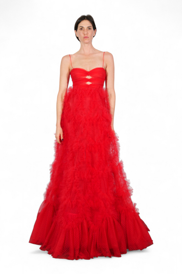 Valentino Strapless Red Tulle Gown — Cutout Bodice & Layered Skirt