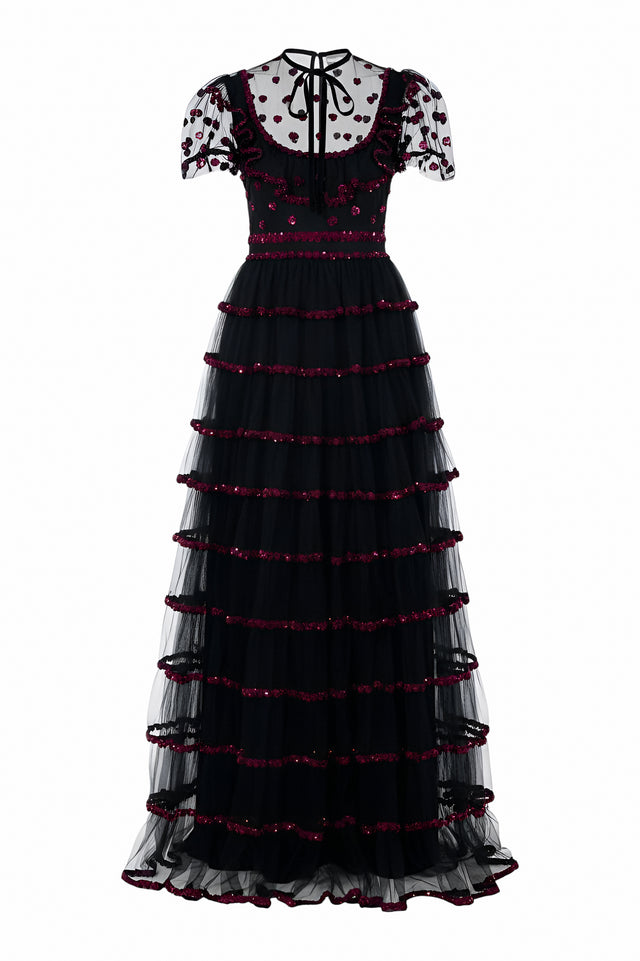 Valentino Heart Embellished Tiered Tulle Gown