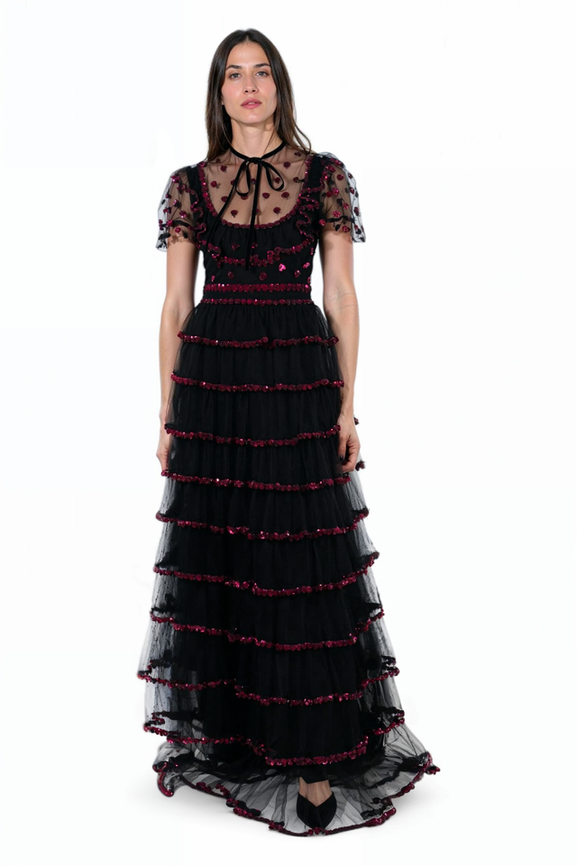 Valentino Heart Embellished Tiered Tulle Gown