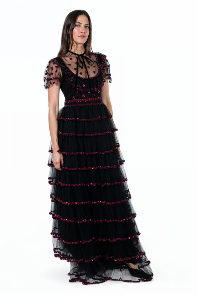 Valentino Heart Embellished Tiered Tulle Gown
