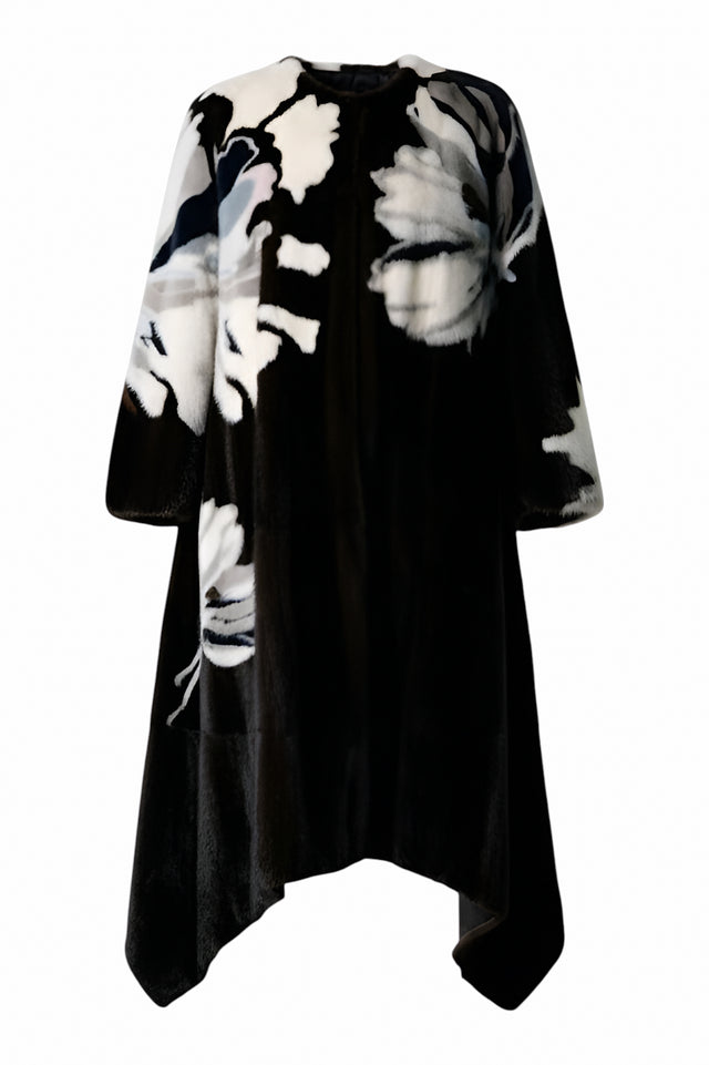 Valentino Floral-Patterned Mink Fur Coat with Asymmetrical Hem