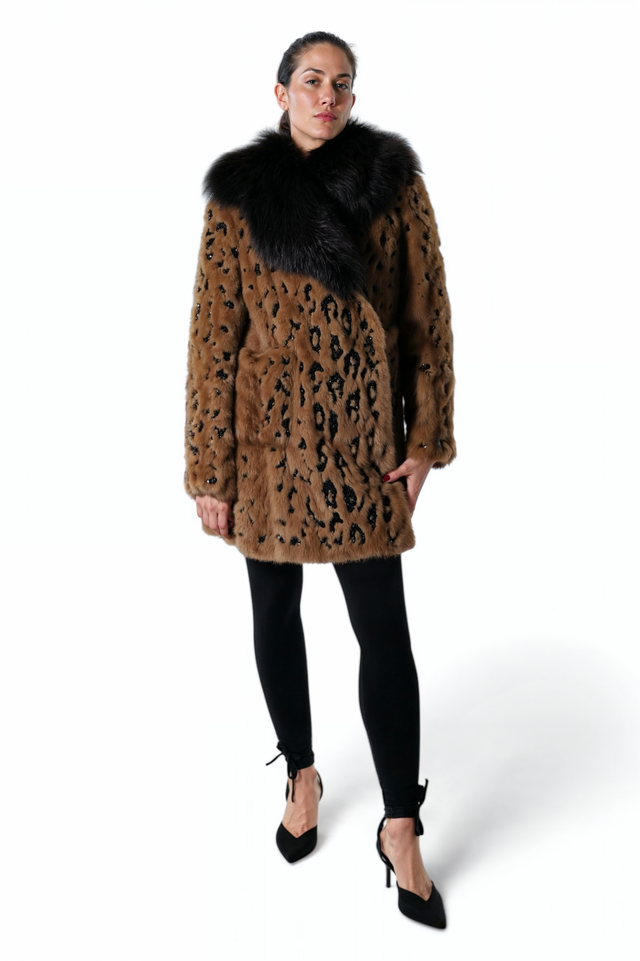 Valentino Sequin Embellished Fox Fur Coat with Black Fox Collar