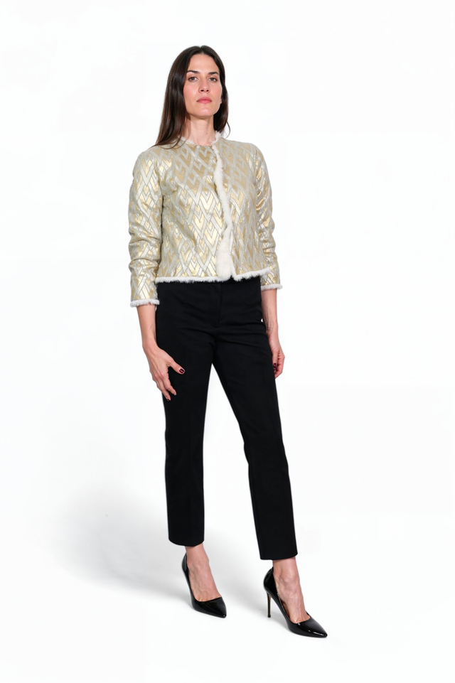 Valentino Platinum Metallic Jacquard Jacket with Shearling Trim