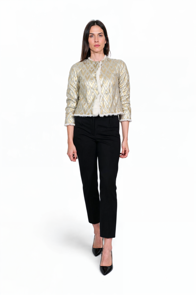 Valentino Platinum Metallic Jacquard Jacket with Shearling Trim