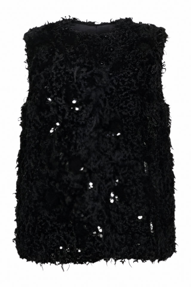 Valentino Black Shearling Vest with Sequin Embroidery