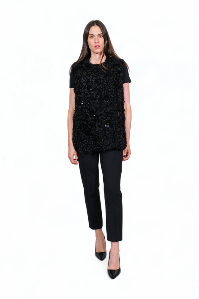 Valentino Black Shearling Vest with Sequin Embroidery