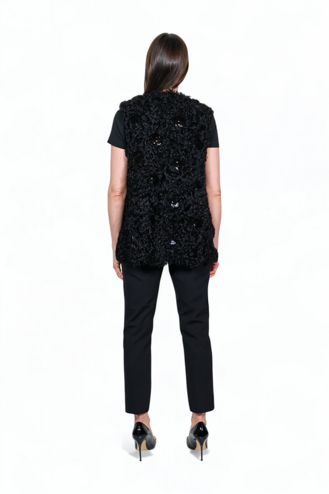 Valentino Black Shearling Vest with Sequin Embroidery