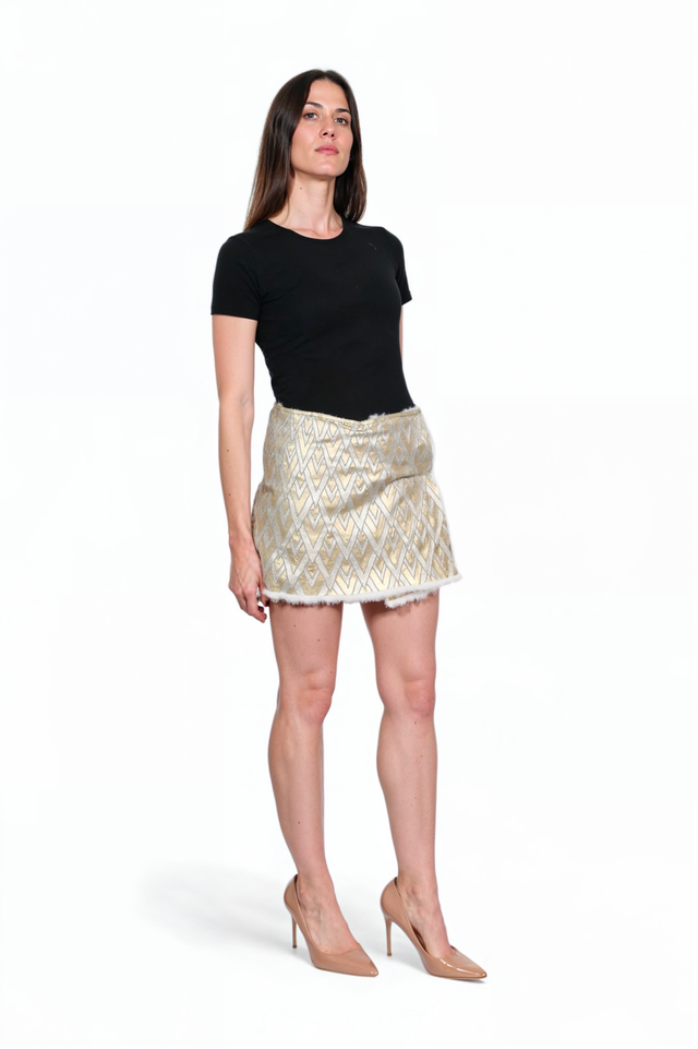 Valentino Platinum Metallic Jacquard Mini Skirt with Mink Trim