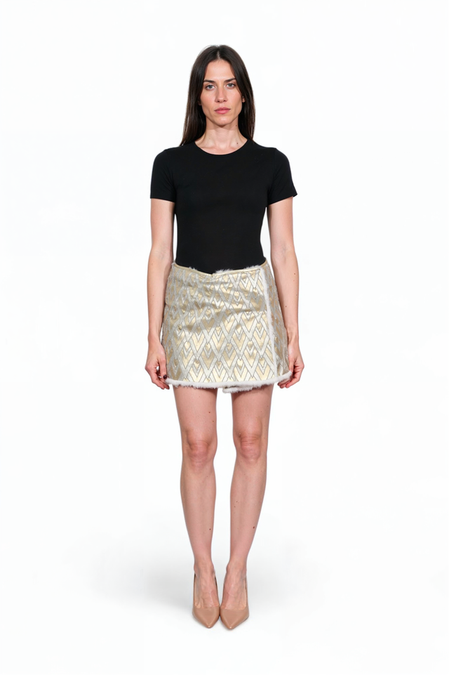 Valentino Platinum Metallic Jacquard Mini Skirt with Mink Trim