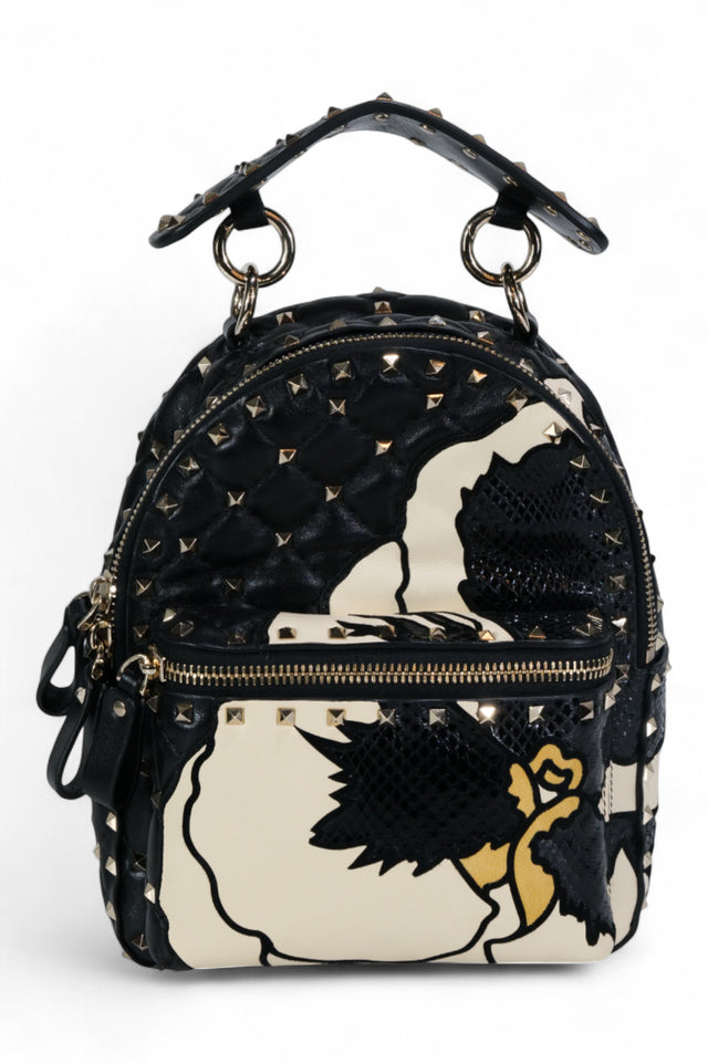 Valentino Garavani Rockstud Mini Backpack in Black and Ivory Python Leather with Floral Inlay