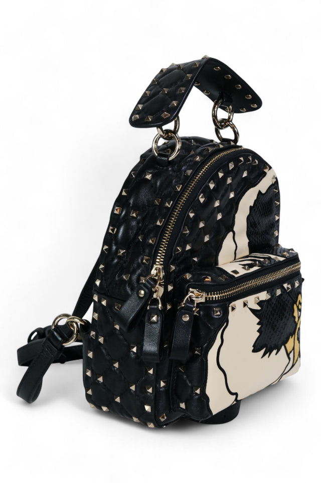 Valentino Garavani Rockstud Mini Backpack in Black and Ivory Python Leather with Floral Inlay