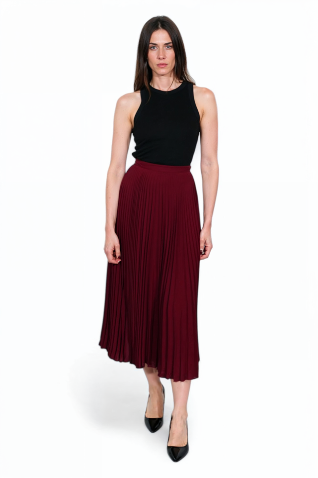Valentino Burgundy Pleated Midi Skirt