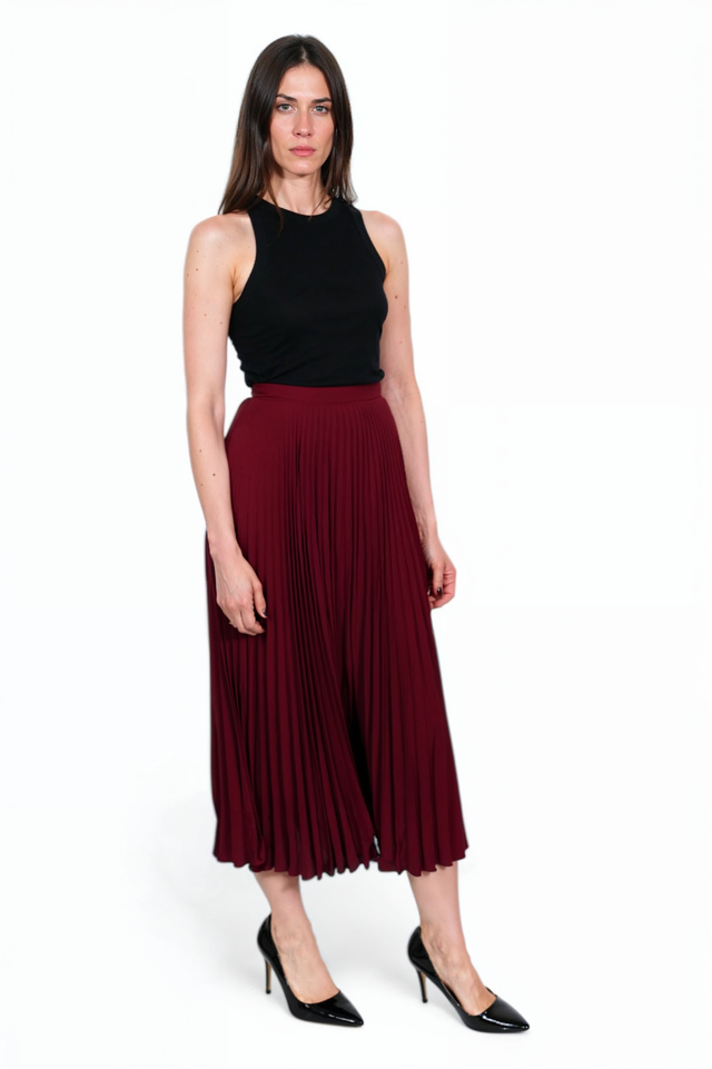 Valentino Burgundy Pleated Midi Skirt