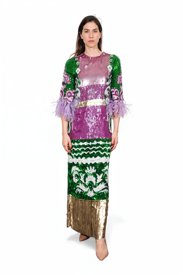 Valentino Multicolor Sequin Gown with Feather Sleeves