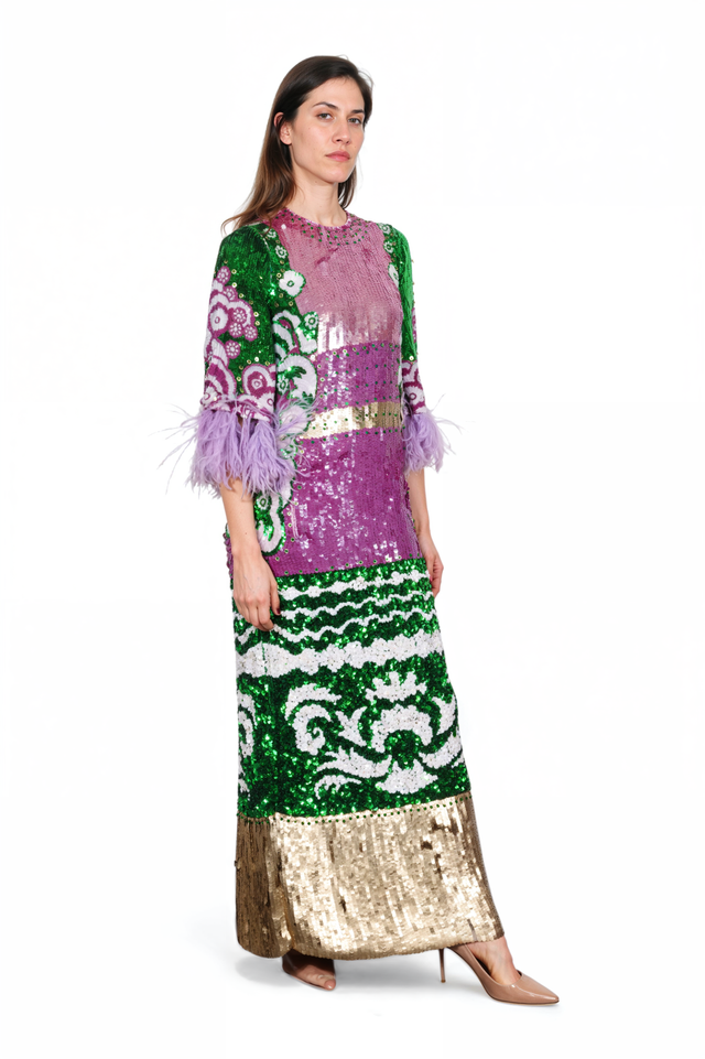 Valentino Multicolor Sequin Gown with Feather Sleeves